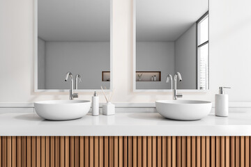 Fototapeta na wymiar Bathroom interior with sink and mirror, accessories on white deck
