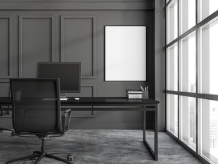 Dark grey modern office workplace interior with desktop and panoramic window with Singapore skyscrapers city view. Mock up poster.