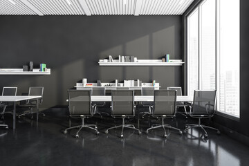 Dark grey office room interior with workplaces and panoramic windows