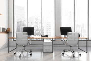 White office room interior with workplaces and panoramic windows