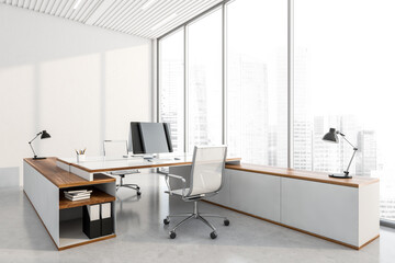 Corner view of white office room interior with two workplaces and panoramic windows