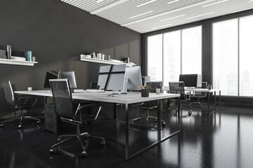 Corner view of dark grey office room interior with workplaces and panoramic windows