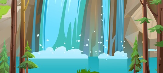 Summer landscape with waterfall among rocks. Cascade shimmers downward. Foam and spray. Water flowing. Nice cartoon style. Flat design. Vector