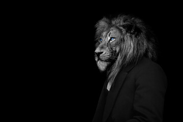 Man in the form of a Lion , The lion person , animal face isolated black white