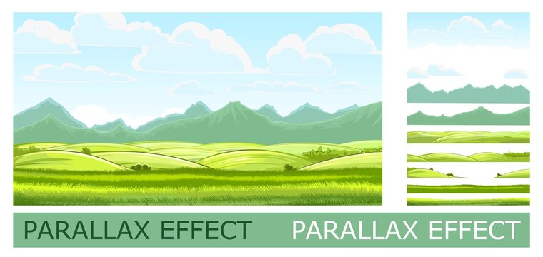 Countryside landscape with vegetable gardens and pastures. Against background of distant mountains near horizon. Solid layers for folding the picture with a parallax effect. Vector