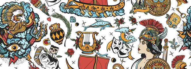 Ancient Greece. Seamless pattern. Old school tattoo style. Head statue, old boat, olive, golden fleece. Historical myths heroes and legends background. Athena and Zeus, greek olympic gods