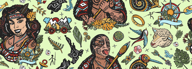 New Zealand seamless pattern. Aboriginal tribes. Ethnic Polynesian woman in traditional costume. Maori man warrior grimace. Tradition and people. Tourism and travel. Old school tattoo background - obrazy, fototapety, plakaty