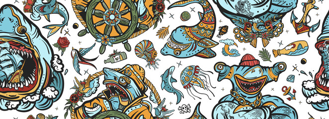 Sharks. Underwater background. Sea wolf, captain in the sea, sailor at helm. Old school tattoo seamless pattern. Jellyfish, anchor