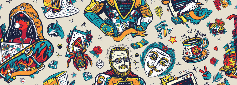 Programming and hacking. Anonymous mask, night coding, dark Internet, cybercrime. Old school tattoo pattern. Superman programmer and African American woman hacker. web software development background