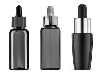 Isolated black dropper bottle. Cosmetic oil bottle mockup. Luxury glass serum bottle with pipette. eye drop container for aroma essence. Realistic collagen eyedropper vial blank
