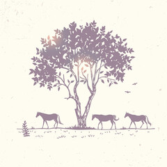 horse silhouette and tree