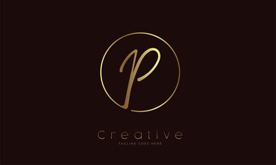 Initial P Logo, hand drawn letter P in circle with gold colour, usable for business, personal and company logos, vector illustration