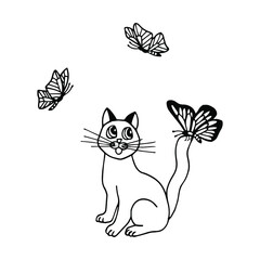Cat and butterflies. Vector stock illustration eps10. Isolate on white background, outline, hand drawing.