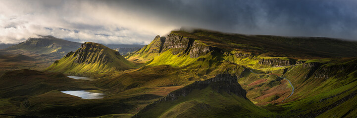 Breathtaking panoramic view taken at The Quiraing on the Isle of Skye, Scotland, UK. Dramatic Scottish landscapes.  - 482137814