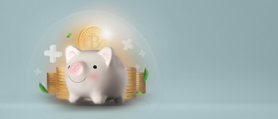 Saving money concept. Piggy bank and stacking bitcoin or gold coins. Saving storage theme in crypto currency concept.