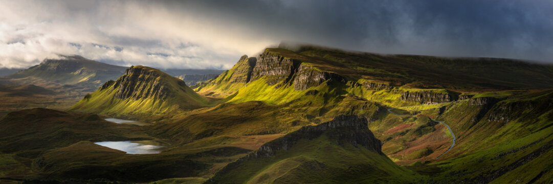 Breathtaking panoramic view taken at The Quiraing on the Isle of Skye, Scotland, UK. Dramatic Scottish landscapes. 