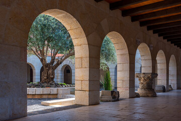 Courtyard area of Tabgha or The Church of the Multiplication of the Loaves and Fishes also called Church of the Loaves and Fishes or Tabgha on the Sea of Galilee in Israel
