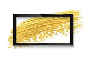 Black recangle border on golden brush stroke, 3d frame geometric shape, gold splash
