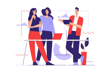 Fototapeta premium Vector outline illustration on the subject of office work, business meeting. Editable stroke