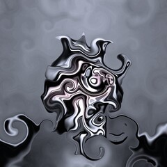 monochrome design with shiny polished stainless steel mobius ring object in shades of grey with turbulence distortion 