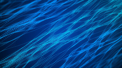 The structure of DNA. Medicine, science and technology. Blue background with a wave of lines and particles. The concept of a gene cell. Big data. 3d rendering