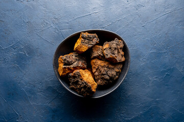Chaga birch edible mushrooms in bowl on blue background.