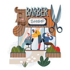 Barber shop building facade with customers, small barbershop with scissors on signboard