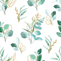 seamless watercolor pattern with eucalyptus leaves and golden elements. leaves with golden texture and green tropical leaves on white background