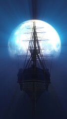 Naklejka premium old ship in sea full moon illustration