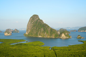 Fototapeta premium Landscape nature of Samet Nangshe Viewpoint is the fantastic limestone formations on the bay with green mangrove forest panoramic viewpoint in Phang Nga Bay in sunny day locate at Phang Nga Thailand
