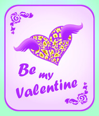 Greeting illustration of 14th February happy valentine's day wish card or poster for Valentine’s day with lilac flying heart with leopard print.  Be my valentine light violet banner