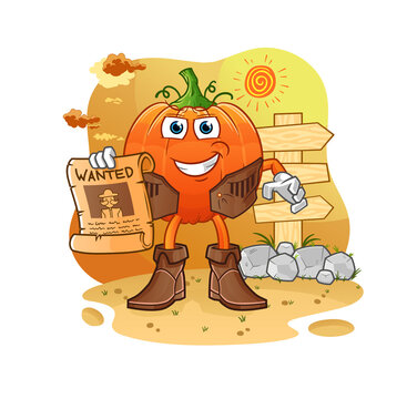 pumpkin cowboy with wanted paper. cartoon mascot vector