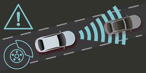 adi90 AutonomousDrivingIllustration - english: aeb automatic emergency braking . self driving car . car disk brake . autonomous driving illustration . sensor radar . aerial view . 2to1 g11177