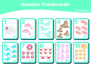 Cute number flashcards with sea animals set. English counting 1 to ten. Worksheet for learning English. Educational activity for preschool kids. Preschool Education. Vector illustration.