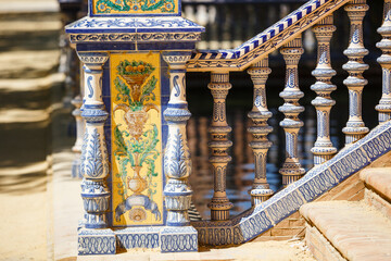 beautiful national multi-colored painting on balusters of the stairs. majolica