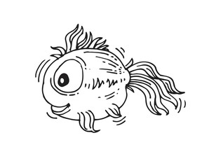 Funny round fish. Cartoon animal character. Underwater world. Outline sketch. Hand drawing is isolated on a white background. Vector