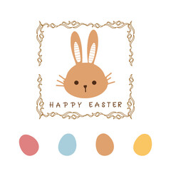 Easter card with bunny, gold frame and eggs isolated on white background vector illustration.