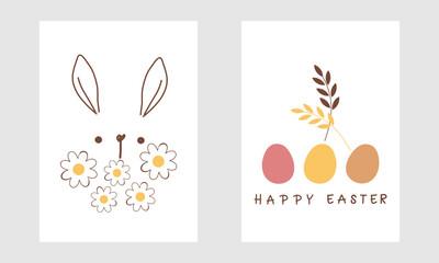 Easter cards with bunny rabbit, daisy flower, eggs and branches vector.