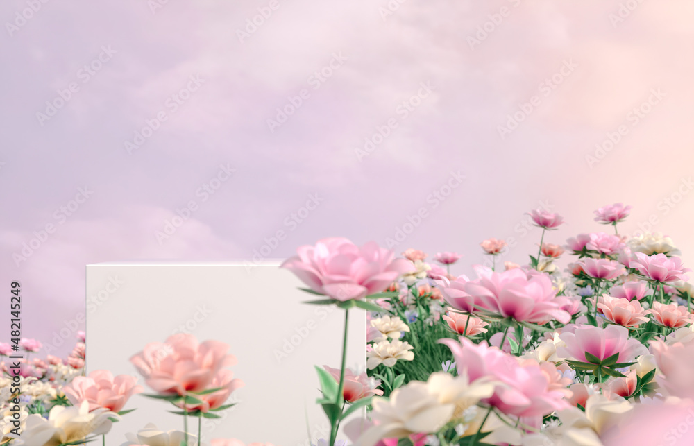 Aufkleber natural beauty podium backdrop with spring rose flower field scene. 3d rendering.