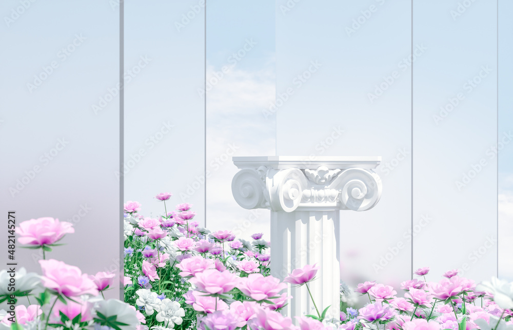 Poster natural beauty podium backdrop with spring rose flower field scene. 3d rendering.