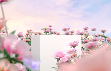 Natural beauty podium backdrop with spring rose flower field scene. 3d rendering. 