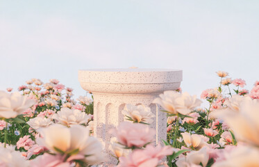 Natural beauty podium backdrop with spring rose flower field scene. 3d rendering.  - obrazy, fototapety, plakaty