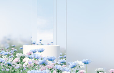 Natural beauty podium backdrop with spring rose flower field scene. 3d rendering. 