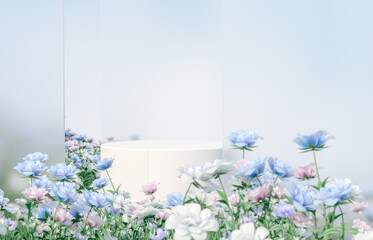 Obraz na płótnie Canvas Natural beauty podium backdrop with spring rose flower field scene. 3d rendering. 