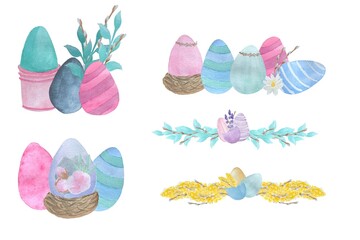 Decorative elements for decorating holiday cards, Easter, watercolor illustrations of eggs