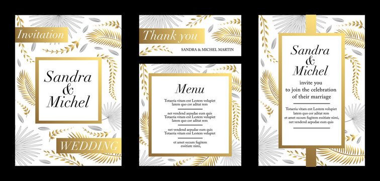 Ensemble de cartes pour un mariage - invitation, faire part, remerciement et menu - d&eacute;cor&eacute; de feuilles diverses - texte anglais.