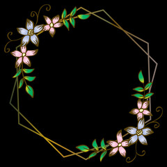 Doodle frame elements with flowers. Black background.