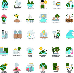 Global warming color flat vector icon collection set