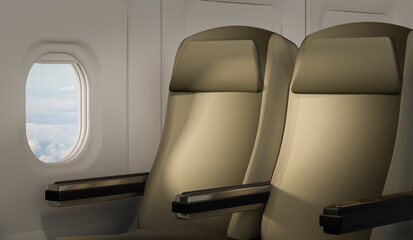 Aircraft window view with passenger seats on commercial  airplane