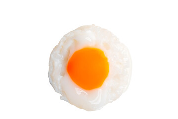 Fried eggs isolated on white background, top view, soft focus.